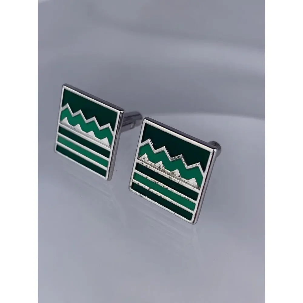 Green Abstract Landscape Silver Tone Cufflinks Mountains Zigzag Lines Vintage